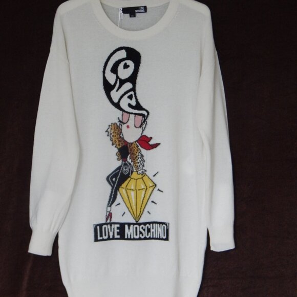 Love Moschino Pullover Sweater Dress Girl on Diamond Made in ITALY Ivory NWT - Picture 2 of 10